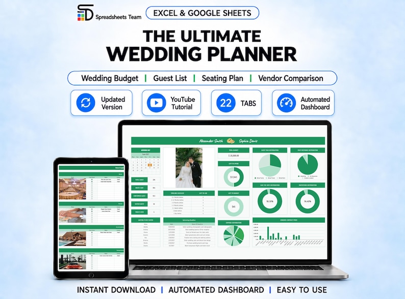 May include: A digital wedding planner for Excel and Google Sheets displayed on a laptop and tablet. The interface features green accents, pie charts, and data tables. Text includes "THE ULTIMATE WEDDING PLANNER," "22 TABS," and "Automated Dashboard."