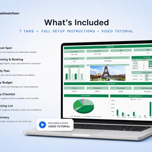 May include: A laptop screen displaying a digital travel planner spreadsheet with green accents, featuring seven tabs including Travel Spot, Planning & Booking, Daily Plan, Trip Budget, Trip Checklist, Packing List, and Summary, plus a video tutorial.