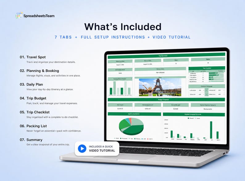 May include: A laptop screen displaying a digital travel planner spreadsheet with green accents, featuring seven tabs including Travel Spot, Planning & Booking, Daily Plan, Trip Budget, Trip Checklist, Packing List, and Summary, plus a video tutorial.