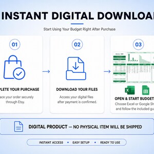 May include: An infographic titled INSTANT DIGITAL DOWNLOAD showing three steps: 01 COMPLETE YOUR PURCHASE with a shopping bag icon, 02 DOWNLOAD YOUR FILES with a folder icon, and 03 OPEN & START BUDGETING with a spreadsheet preview and icons.