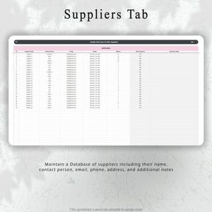May include: A digital tablet displays a spreadsheet labeled "Suppliers Tab." The spreadsheet contains rows and columns of data. Text at the bottom reads, "Maintain a Database of suppliers including their name, contact person, email, phone, address, and additional notes."