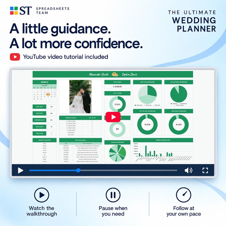 May include: A digital wedding planner spreadsheet interface featuring green and white charts, tables, and a photo of a couple. Text includes 'The Ultimate Wedding Planner', 'A little guidance. A lot more confidence.', and 'YouTube video tutorial included'.
