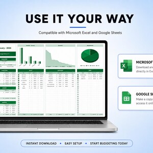 May include: A laptop screen displaying a January 2026 budget spreadsheet with green headers, charts, and tables. Text reads: USE IT YOUR WAY, Compatible with Microsoft Excel and Google Sheets, MICROSOFT EXCEL, GOOGLE SHEETS, INSTANT DOWNLOAD, EASY SETUP, START BUDGETING TODAY.