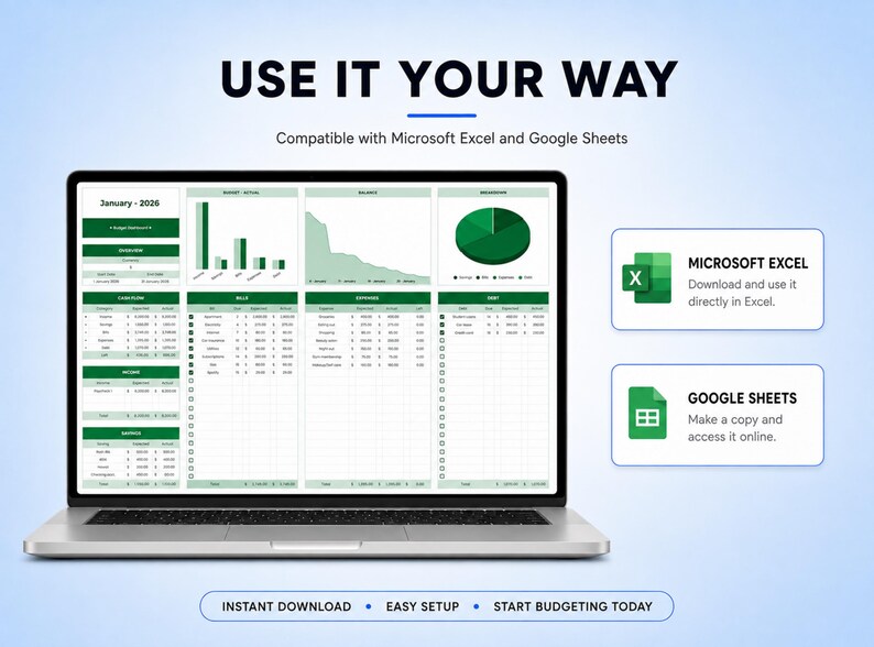 May include: A laptop screen displaying a January 2026 budget spreadsheet with green headers, charts, and tables. Text reads: USE IT YOUR WAY, Compatible with Microsoft Excel and Google Sheets, MICROSOFT EXCEL, GOOGLE SHEETS, INSTANT DOWNLOAD, EASY SETUP, START BUDGETING TODAY.