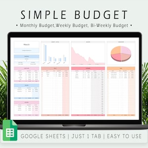 May include: A laptop screen displaying a Simple Budget spreadsheet template with sections for monthly, weekly, and bi-weekly tracking. The interface includes charts, graphs, and tables for income, expenses, and savings, with Google Sheets branding.