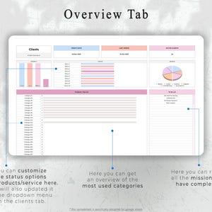 May include: A digital spreadsheet titled "Overview Tab" with sections for clients, today's date, last update, and active clients. The spreadsheet includes charts, lists, and text boxes. Text on the image includes "You can customize the status options and Products/service here."