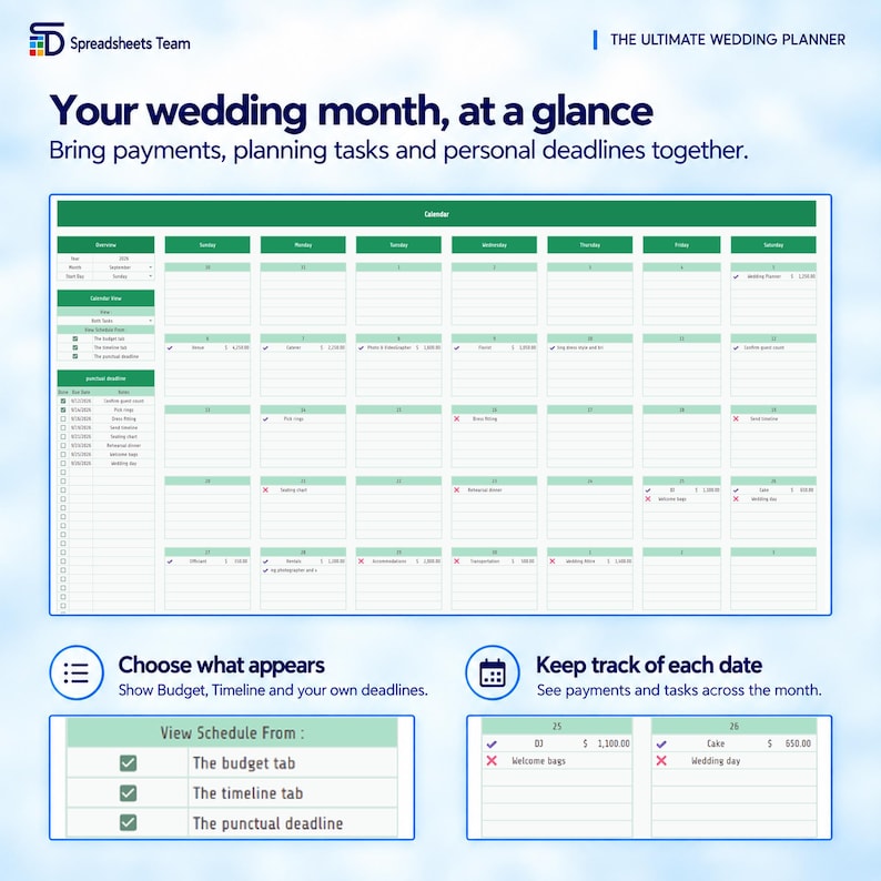 May include: A digital wedding planner spreadsheet interface titled The Ultimate Wedding Planner. It features a monthly calendar grid with green headers, task lists, payment tracking, and checkboxes. Text includes Your wedding month, at a glance.