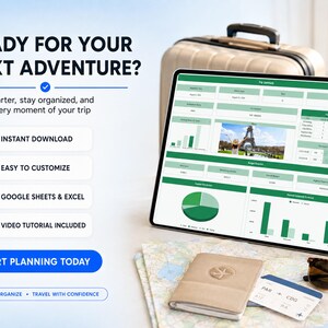 May include: A digital travel planner displayed on a tablet screen featuring green charts, a photo of the Eiffel Tower, and text reading READY FOR YOUR NEXT ADVENTURE, INSTANT DOWNLOAD, EASY TO CUSTOMIZE, GOOGLE SHEETS & EXCEL, VIDEO TUTORIAL INCLUDED.