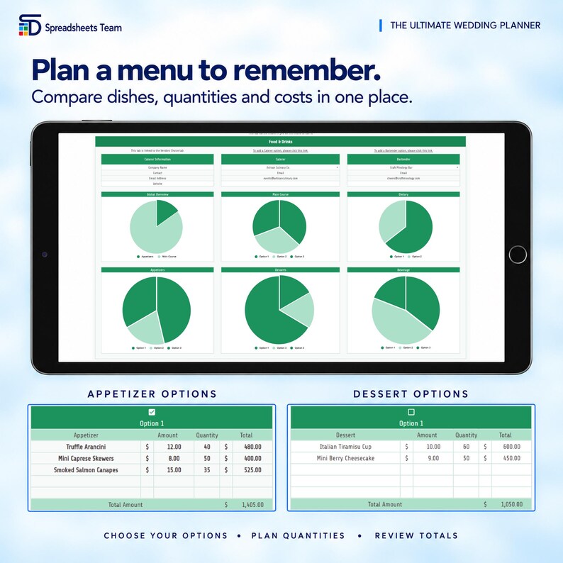 May include: A digital tablet displaying a wedding planning spreadsheet titled The Ultimate Wedding Planner. The screen shows a Food and Drinks dashboard with green pie charts, vendor contact fields, and tables for appetizer and dessert options.
