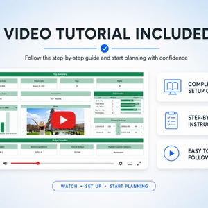 May include: A digital trip planner dashboard featuring a video tutorial interface with a play button, trip summary, packing status, budget snapshot, and currency exchange sections. Includes text: VIDEO TUTORIAL INCLUDED, COMPLETE SETUP GUIDE, STEP-BY-STEP INSTRUCTIONS, EASY TO FOLLOW, WATCH, SET UP, START PLANNING.