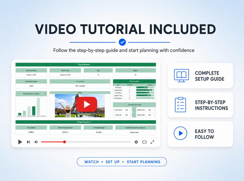 May include: A digital trip planner dashboard featuring a video tutorial interface with a play button, trip summary, packing status, budget snapshot, and currency exchange sections. Includes text: VIDEO TUTORIAL INCLUDED, COMPLETE SETUP GUIDE, STEP-BY-STEP INSTRUCTIONS, EASY TO FOLLOW, WATCH, SET UP, START PLANNING.