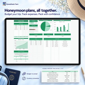 May include: A digital tablet displaying a honeymoon budget spreadsheet with charts, a calendar, and expense trackers. The screen shows the text Honeymoon plans, all together. Budget your trip. Track expenses. Pack with confidence. A packing list is below.