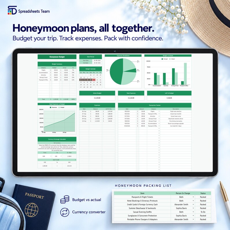 May include: A digital tablet displaying a honeymoon budget spreadsheet with charts, a calendar, and expense trackers. The screen shows the text Honeymoon plans, all together. Budget your trip. Track expenses. Pack with confidence. A packing list is below.