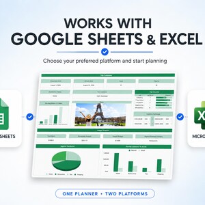May include: A digital trip planner dashboard featuring green and white charts, tables, and a photo of the Eiffel Tower. The text reads: WORKS WITH GOOGLE SHEETS & EXCEL, Choose your preferred platform and start planning, ONE PLANNER &bull; TWO PLATFORMS.