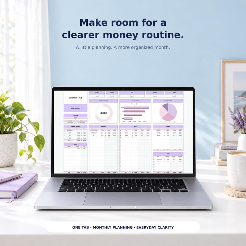May include: A laptop screen displays a digital budget planner with purple accents, featuring charts, tables, and the text 'Make room for a clearer money routine. A little planning. A more organized month.' and 'ONE TAB &bull; MONTHLY PLANNING &bull; EVERYDAY CLARITY'.