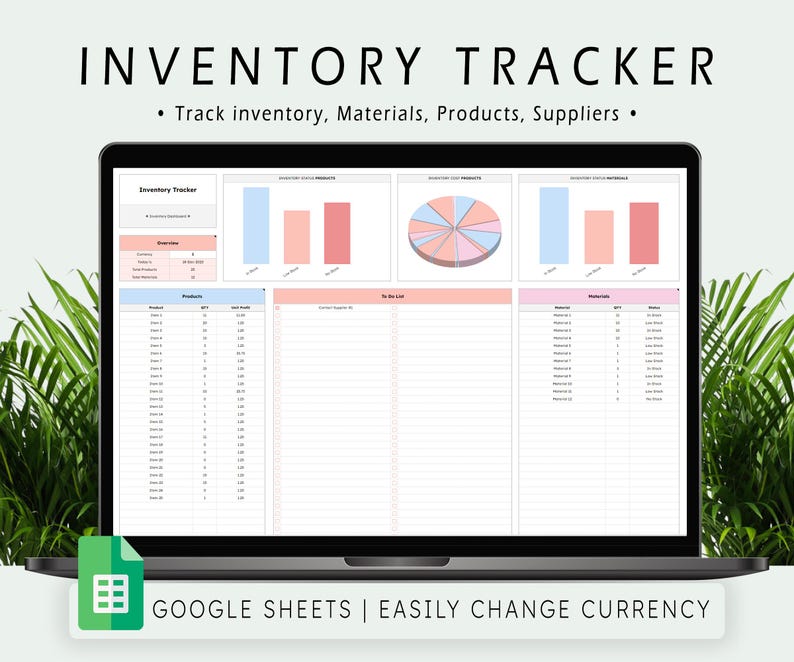 May include: A laptop displaying an inventory tracker template. The screen shows charts, graphs, and data tables for tracking inventory, materials, products, and suppliers. The text on the screen reads "Inventory Tracker" and "Google Sheets | Easily Change Currency."