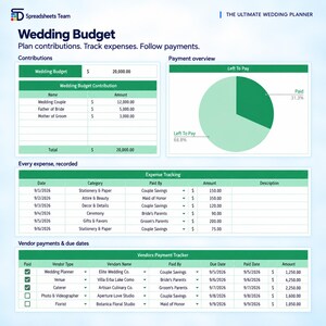 May include: A digital wedding budget spreadsheet titled The Ultimate Wedding Planner. It features sections for contributions, a payment overview pie chart, expense tracking, and a vendor payment tracker with columns for dates, amounts, and names.