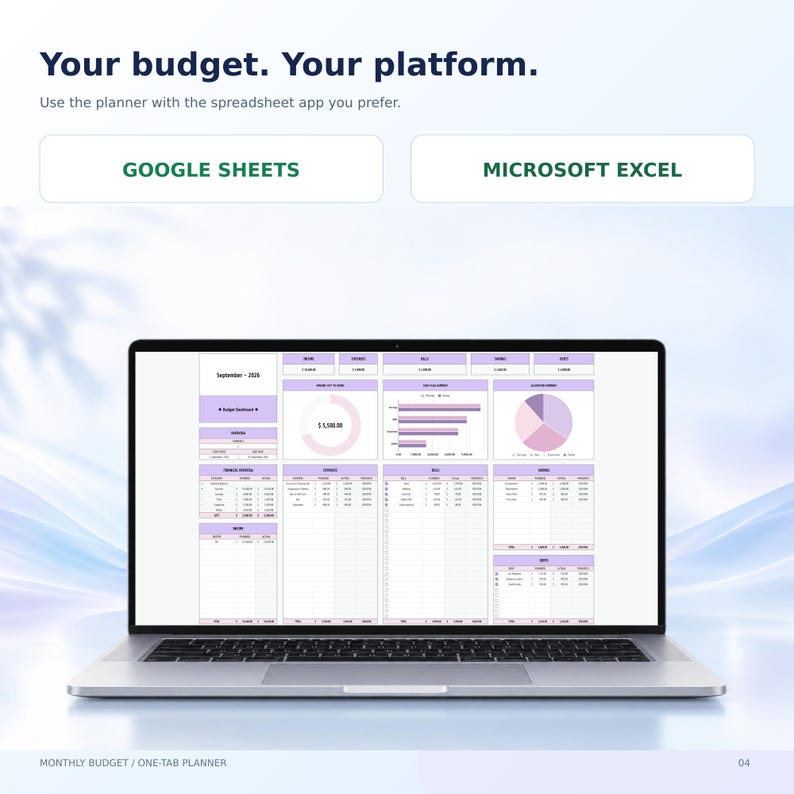 May include: A laptop screen displaying a digital monthly budget planner with purple accents, featuring charts, tables, and financial data for September 2026. The text reads: Your budget. Your platform. Use the planner with the spreadsheet app you prefer. GOOGLE SHEETS, MICROSOFT EXCEL, MONTHLY BUDGET / ONE-TAB PLANNER.