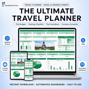 May include: A digital travel planner for Excel and Google Sheets titled The Ultimate Travel Planner. The interface displays a trip budget, packing checklist, countdown, and currency converter across eight tabs with an automated dashboard.