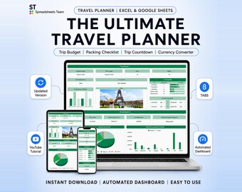 Travel Planner Spreadsheet, Trip Budget Tracker, Itinerary Organizer (Digital Download)
