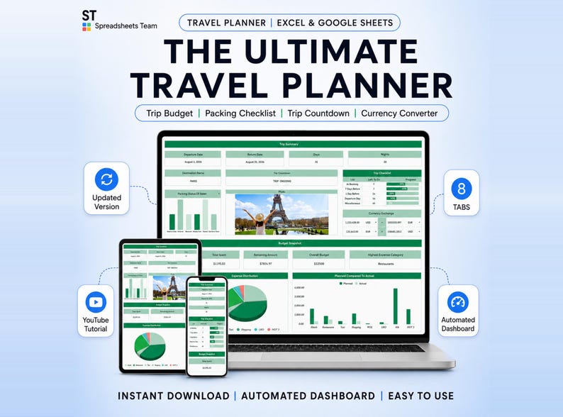 May include: A digital travel planner for Excel and Google Sheets titled The Ultimate Travel Planner. The interface displays a trip budget, packing checklist, countdown, and currency converter across eight tabs with an automated dashboard.