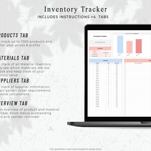 May include: A laptop screen displays an "Inventory Tracker" spreadsheet with tabs for Products, Materials, Suppliers, and Overview. The screen shows charts and data tables. Text on the left describes each tab's function, including tracking products, materials, and supplier information.