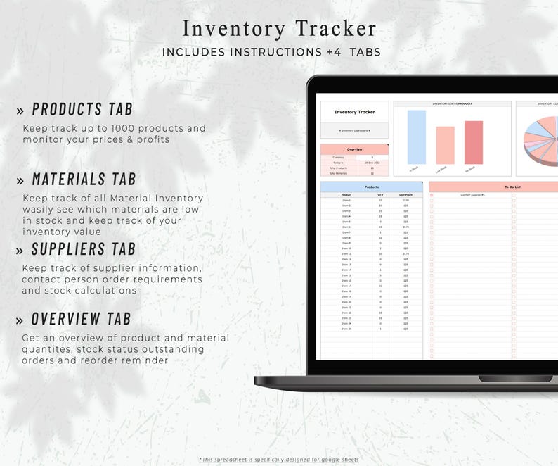 May include: A laptop screen displays an "Inventory Tracker" spreadsheet with tabs for Products, Materials, Suppliers, and Overview. The screen shows charts and data tables. Text on the left describes each tab's function, including tracking products, materials, and supplier information.