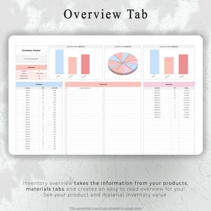 May include: A digital spreadsheet titled "Overview Tab" with charts and tables for inventory tracking. The text "Inventory overview takes the information from your products, materials tabs and creates an easy to read overview for you! See your product and material inventory value" is also visible.