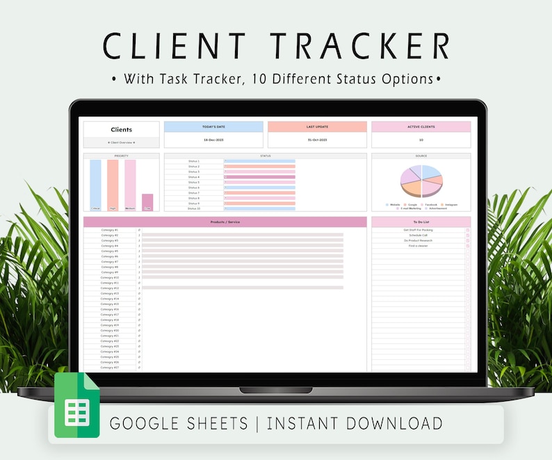 May include: A laptop displays a client tracker spreadsheet. The screen shows charts, graphs, and tables with headings like "Clients," "Today's Date," and "Active Clients." The text "CLIENT TRACKER" and "GOOGLE SHEETS | INSTANT DOWNLOAD" are also visible.