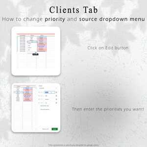 May include: A digital guide titled "Clients Tab" with instructions on changing priority and source dropdown menus. The guide includes screenshots of a spreadsheet with highlighted cells and text instructions. The background is a textured white.