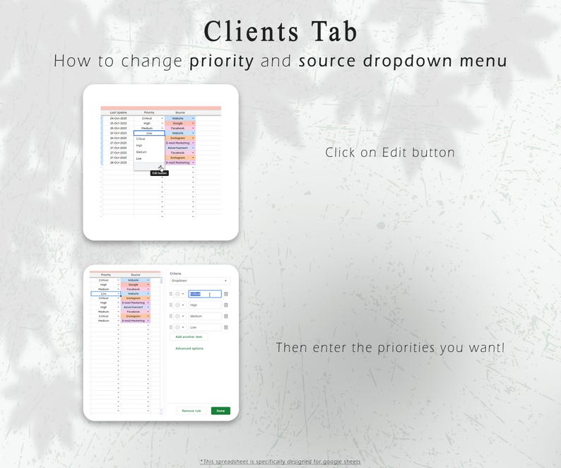May include: A digital guide titled "Clients Tab" with instructions on changing priority and source dropdown menus. The guide includes screenshots of a spreadsheet with highlighted cells and text instructions. The background is a textured white.