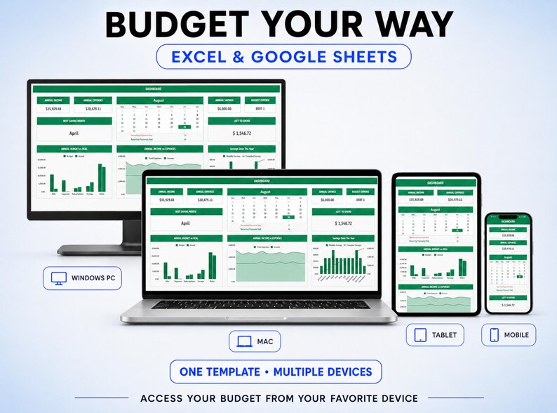 May include: A digital budget template for Excel and Google Sheets displayed on a desktop monitor, laptop, tablet, and smartphone. The interface features green headers and charts with the text BUDGET YOUR WAY, EXCEL & GOOGLE SHEETS, and ONE TEMPLATE &bull; MULTIPLE DEVICES.