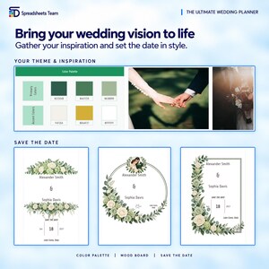 May include: A digital wedding planner template featuring a color palette with shades of green, gold, and white. It includes a mood board with two photographs and three save-the-date card designs decorated with floral illustrations and text.