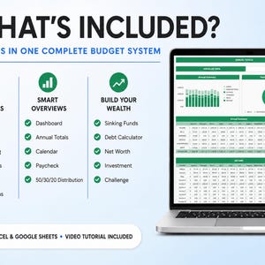 May include: A laptop screen displays a digital budget system with 28 tabs. The text reads WHAT'S INCLUDED? 28 TABS IN ONE COMPLETE BUDGET SYSTEM, listing features like Budget Essentials, Smart Overviews, Build Your Wealth, and Excel & Google Sheets.
