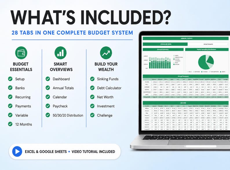 May include: A laptop screen displays a digital budget system with 28 tabs. The text reads WHAT'S INCLUDED? 28 TABS IN ONE COMPLETE BUDGET SYSTEM, listing features like Budget Essentials, Smart Overviews, Build Your Wealth, and Excel & Google Sheets.