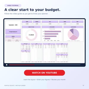 May include: A digital budget planner interface displayed on a screen, featuring a dashboard with sections for income, expenses, bills, savings, and debts. It includes a donut chart, a bar graph, and tables for September 2026. A red button reads WATCH ON YOUTUBE.