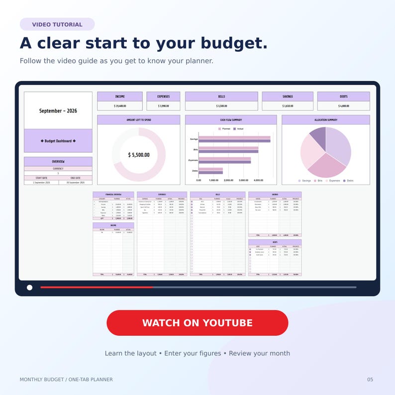 May include: A digital budget planner interface displayed on a screen, featuring a dashboard with sections for income, expenses, bills, savings, and debts. It includes a donut chart, a bar graph, and tables for September 2026. A red button reads WATCH ON YOUTUBE.
