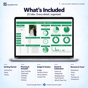 May include: A laptop screen displaying a digital wedding planner spreadsheet with 22 tabs. The interface features green headers, a calendar, a photo of a couple, budget charts, and task lists. Text includes "What's Included" and "The Ultimate Wedding Planner."