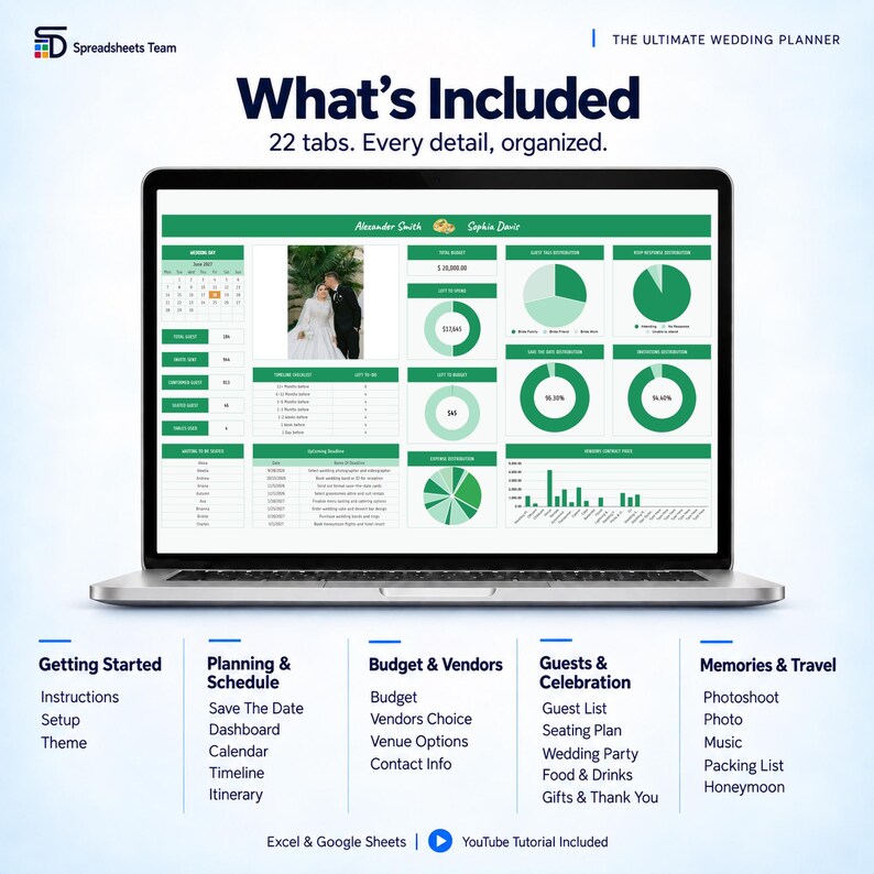 May include: A laptop screen displaying a digital wedding planner spreadsheet with 22 tabs. The interface features green headers, a calendar, a photo of a couple, budget charts, and task lists. Text includes "What's Included" and "The Ultimate Wedding Planner."