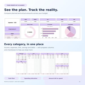 May include: A digital monthly budget planner template featuring a dashboard with a September 2026 calendar, income, expense, and debt trackers. It includes charts for cash flow and allocation, plus detailed tables with progress columns and checkboxes.
