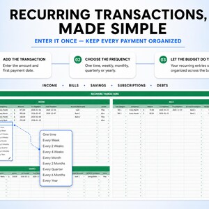 May include: A digital spreadsheet template for recurring transactions with the title RECURRING TRANSACTIONS, MADE SIMPLE. It features three steps for tracking income, bills, savings, subscriptions, and debts, including a dropdown menu for frequency options.