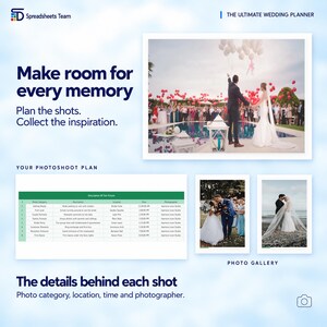May include: A digital wedding planner template featuring the text "The Ultimate Wedding Planner" and "Make room for every memory." It includes a photoshoot plan table, a photo gallery with three wedding photographs, and descriptive text.