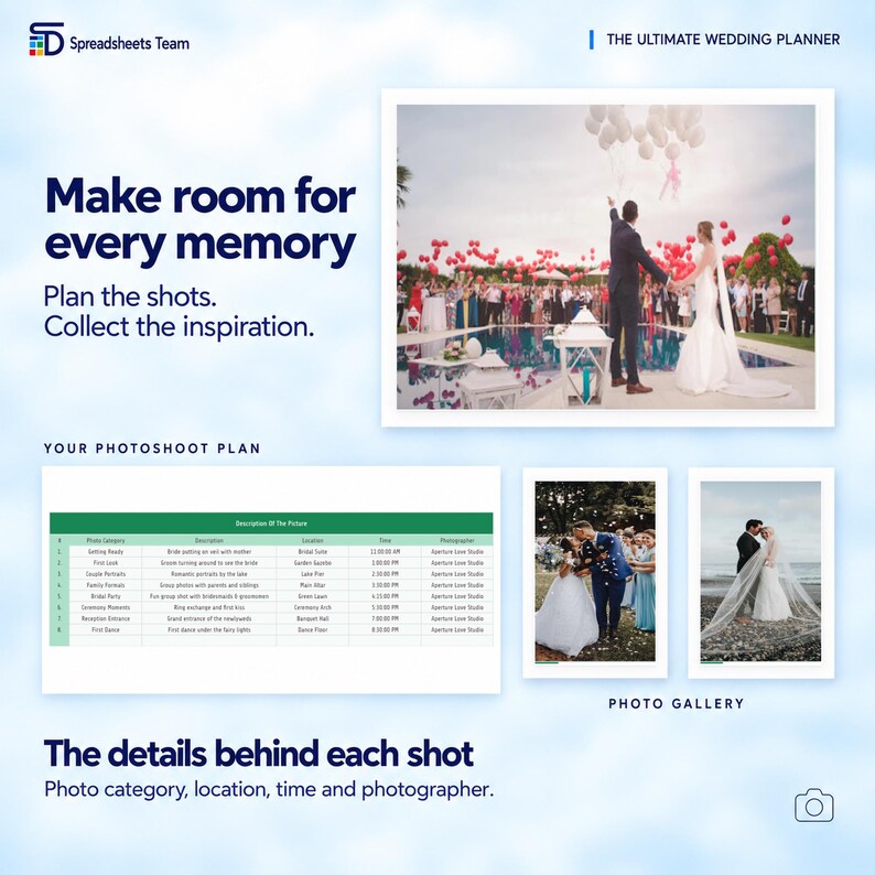 May include: A digital wedding planner template featuring the text "The Ultimate Wedding Planner" and "Make room for every memory." It includes a photoshoot plan table, a photo gallery with three wedding photographs, and descriptive text.