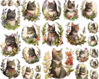 Watercolor Cat Portrait Clipart: PNG SVG Digital Art (Commercial Use)