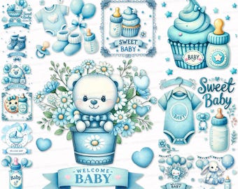 Watercolor Blue Baby Shower Clipart Set: 25 PNG SVG Images (Digital Download)