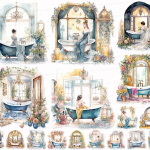 Flower Bathroom PNG SVG Watercolor Clipart Set Bathroom Sublimation Digital Download   Floral Window Bathtub Swim Bath