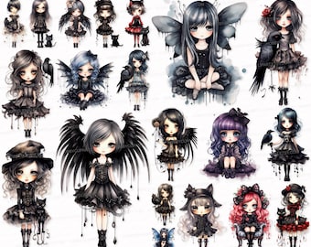 May include: A digital clipart set featuring 20 illustrations of cute gothic girls with black wings, crows, and other dark fantasy elements. The girls are dressed in black dresses and have long, flowing hair. The illustrations are in a watercolor style and have a whimsical, ethereal feel.