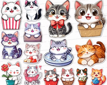 Cat Clipart Stickers, Printable Kitten PNG SVG (Digital Download)