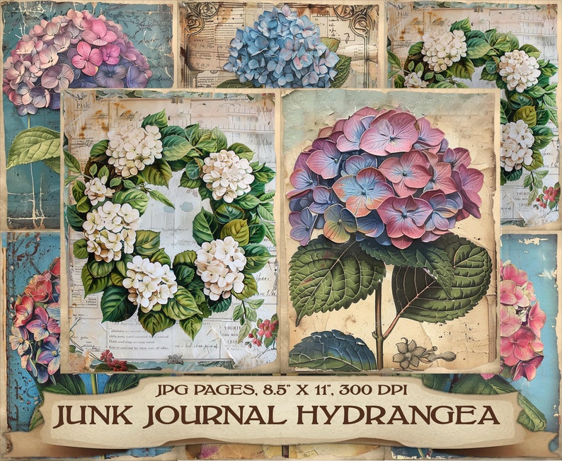 Hydrangea Vintage Junk Journal Pages: Printable Ephemera (digital ...