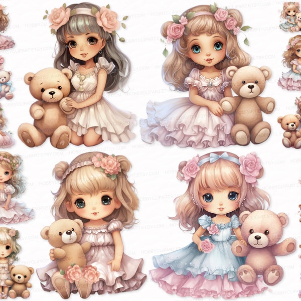 Cute Doll Teddy Bear PNG SVG 22 Clipart SetTransparent Background Digital Download Commercial Use - Scrapbook Images Digital Stickers Dolls